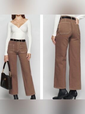 REFORMATION Alyssa High Rise Wide-Leg Jeans in Shitake Brown Contrast Stitch 25